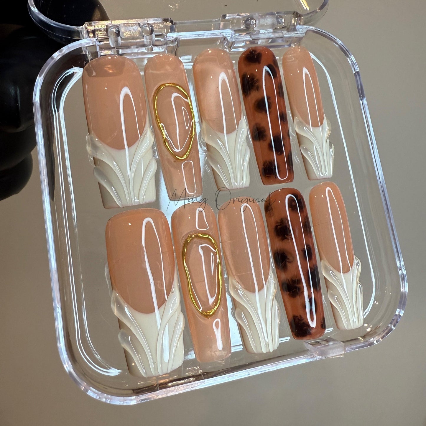 Simple Tortoise Shell Amber water blooming Press on Nails, French tip 3d swirl and gold Jelly hand painted nail,gift for her,MO431