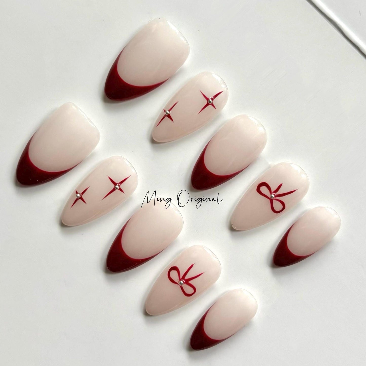 Simple red bow coquette Press on Nails, French tip handmade Nails, little star Jelly Nails, MO386