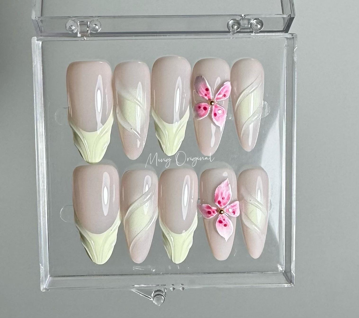 Pink 3d blooming flower press on nails, 3d swirls pastel color ombre French tip Nails, nude nails, birthday holiday gift for her MO344
