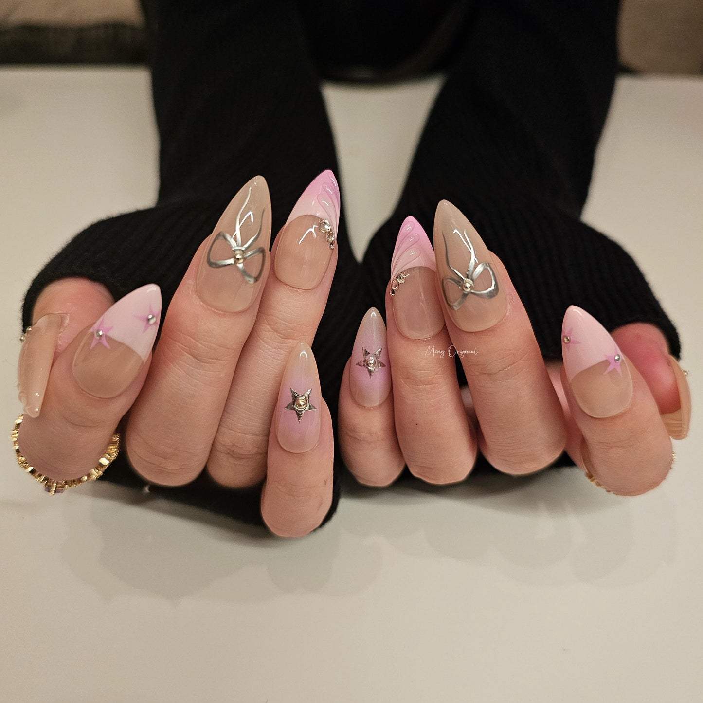 Cute pink star and bow coquette y2k press on Nail , French tip nail, chrome mirror star and bow handpainted nail, Valentine Gifts for Her