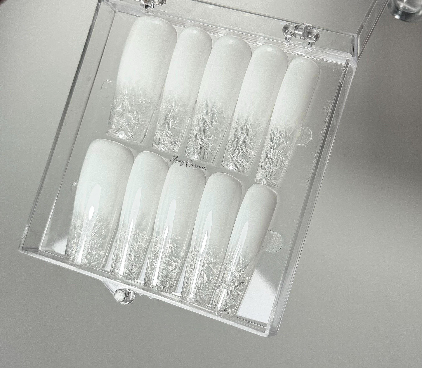 White ombre clear icey tip Press on Nails, 3d glass effect Nails, glue on nail, birthday holiday gift for her MO389