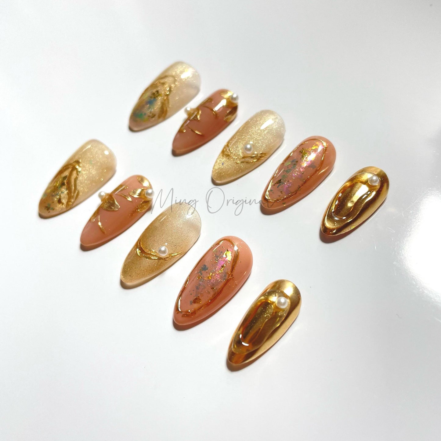 Gold Goddess mystery gold free style cat eye press on nails, hand paint gold flower, nude jelly fake nail, birthday gift for her,MO462