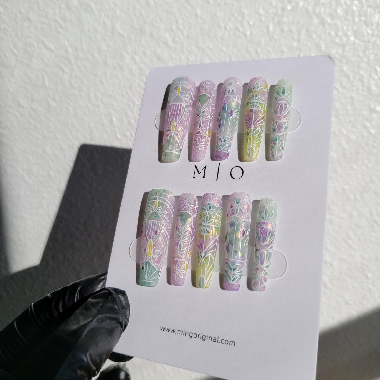 Stained Glass Window Free style Flower pastel Water Color press on nails, ombre rainbow color matching, hand painted nail, gift for her