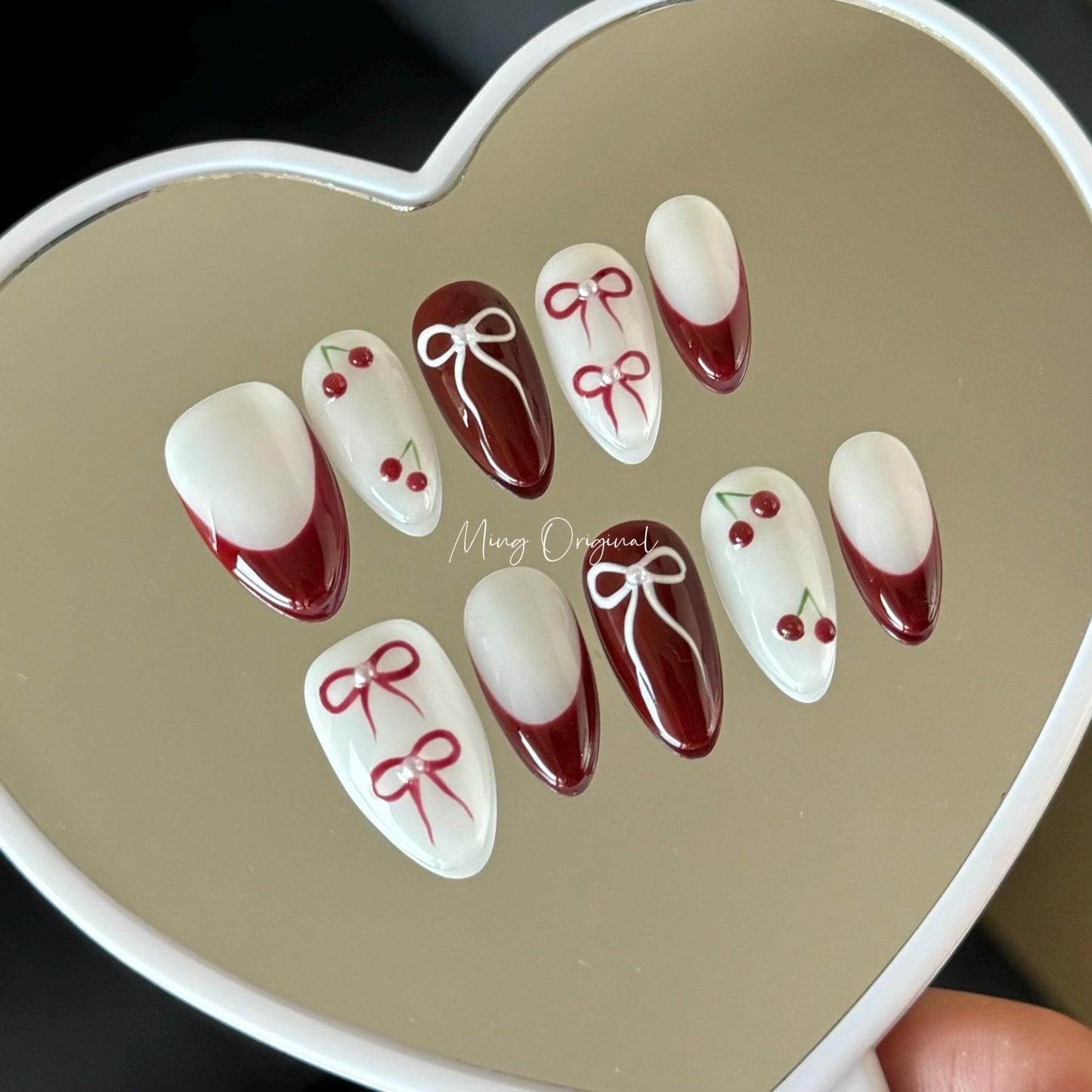 Milky White cute cherry bow coquette press on nail, red french tip nails, glue on nail, Christmas birthday gift for her, MO349