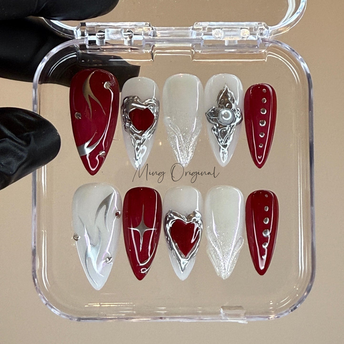 Milky white Silver red heart chrome Press on Nails, hand painted free style heart handmade Nails, gift for her, MO430