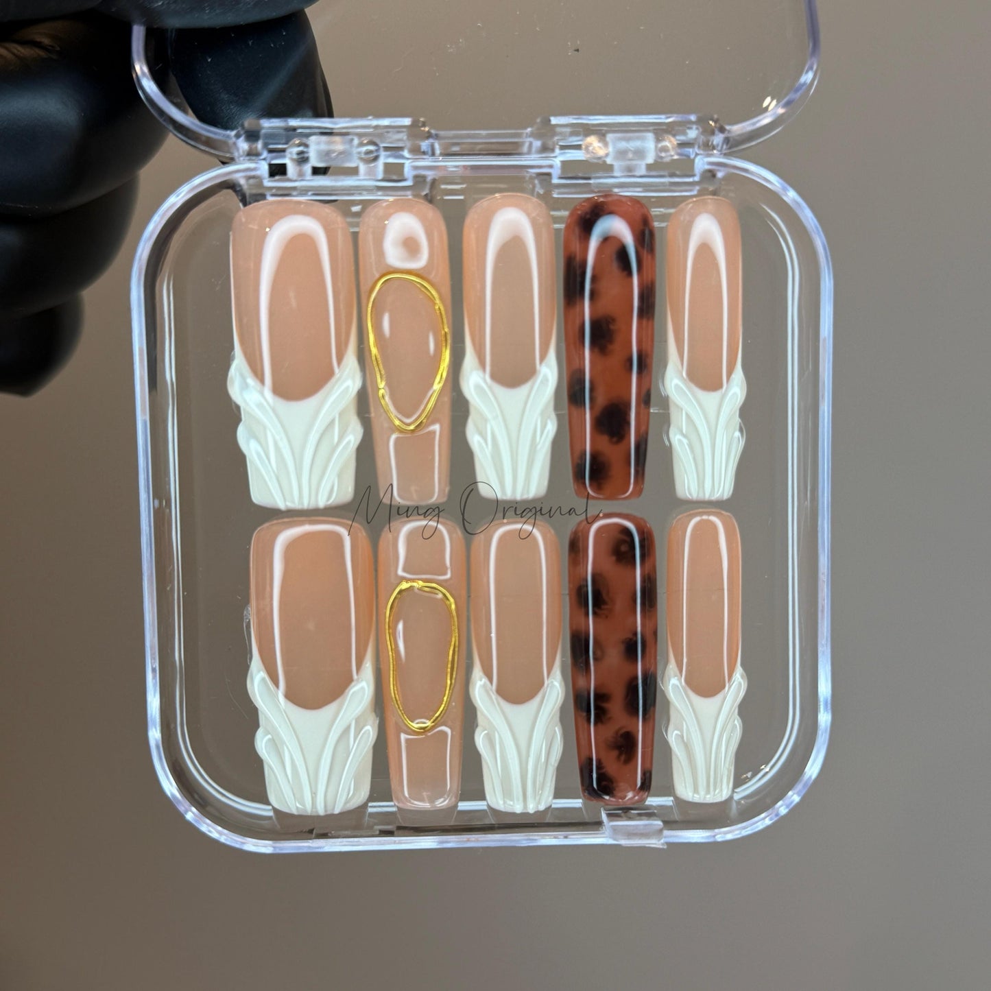 Simple Tortoise Shell Amber water blooming Press on Nails, French tip 3d swirl and gold Jelly hand painted nail,gift for her,MO431
