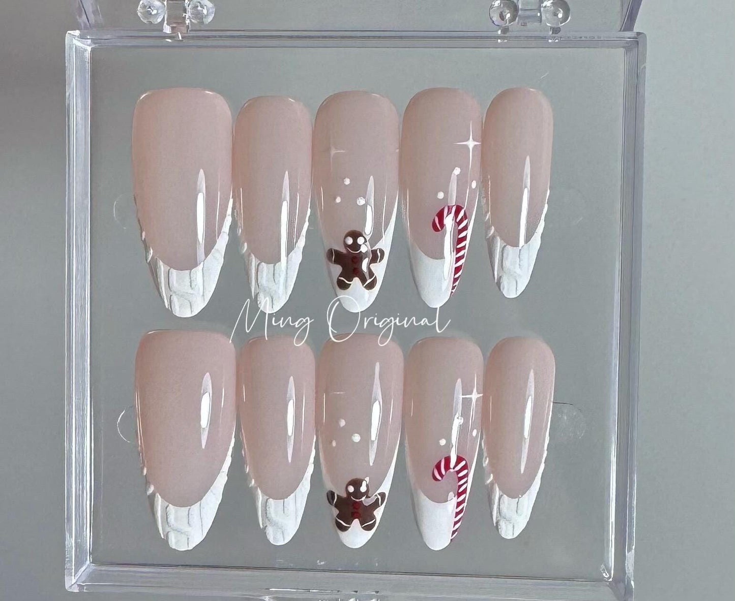 Christmas Gingerbread man press on Nail, candy cane French tip 3d sweater nails, glue on nail, Holiday Fake Nails, Gifts for Her, MO341