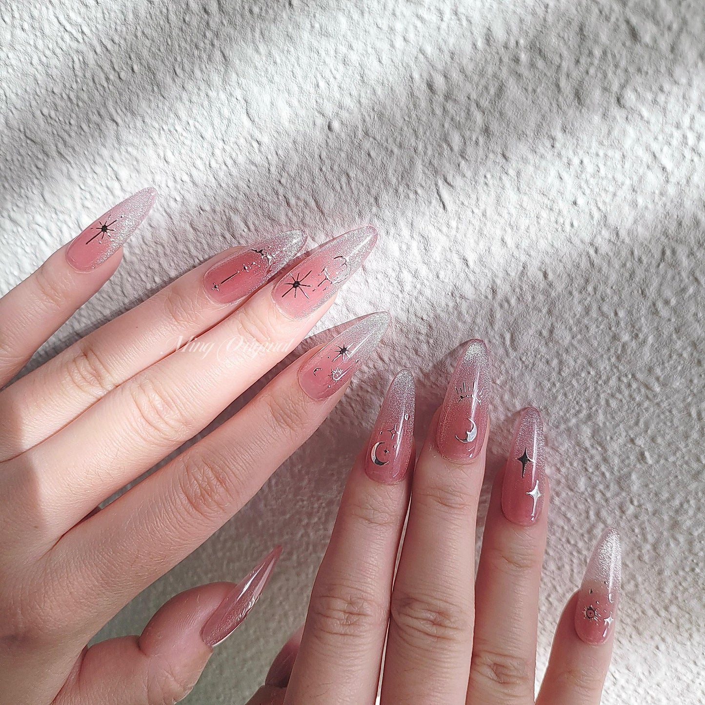 Y2K Silver Chrome free style Pink French Tip Cat Eye Nail press on, Glittery Jelly Fake nails, Luxury Handmade Nails