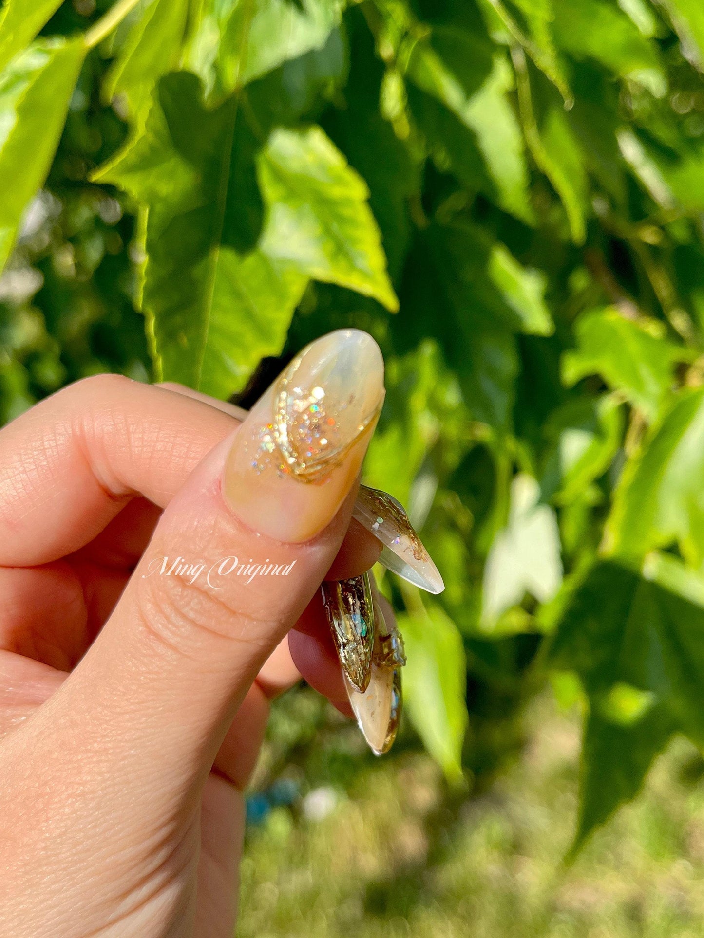 Da Brown sugar| glittery water blooming Press on Nails, vivid gemstone gold lines handmade Art  Nails, Jelly Nails