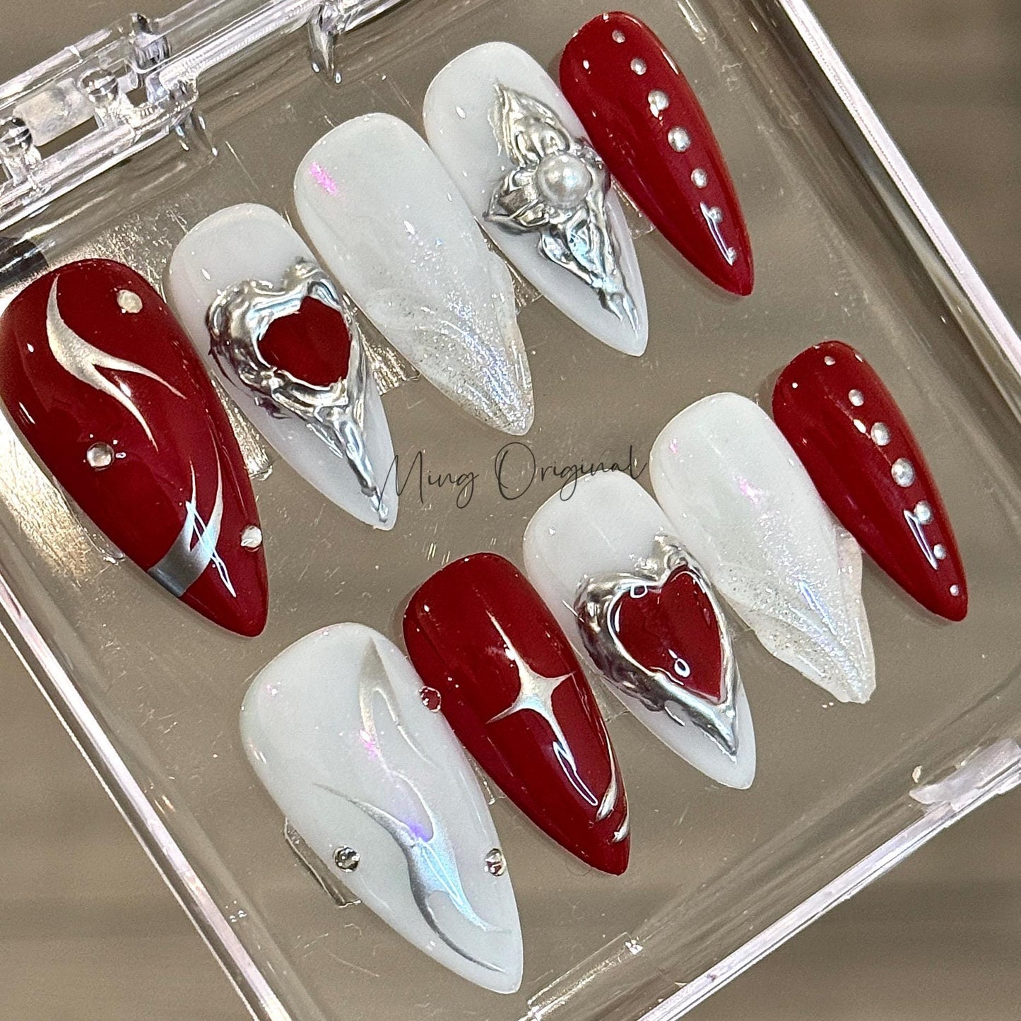 Milky white Silver red heart chrome Press on Nails, hand painted free style heart handmade Nails, gift for her, MO430
