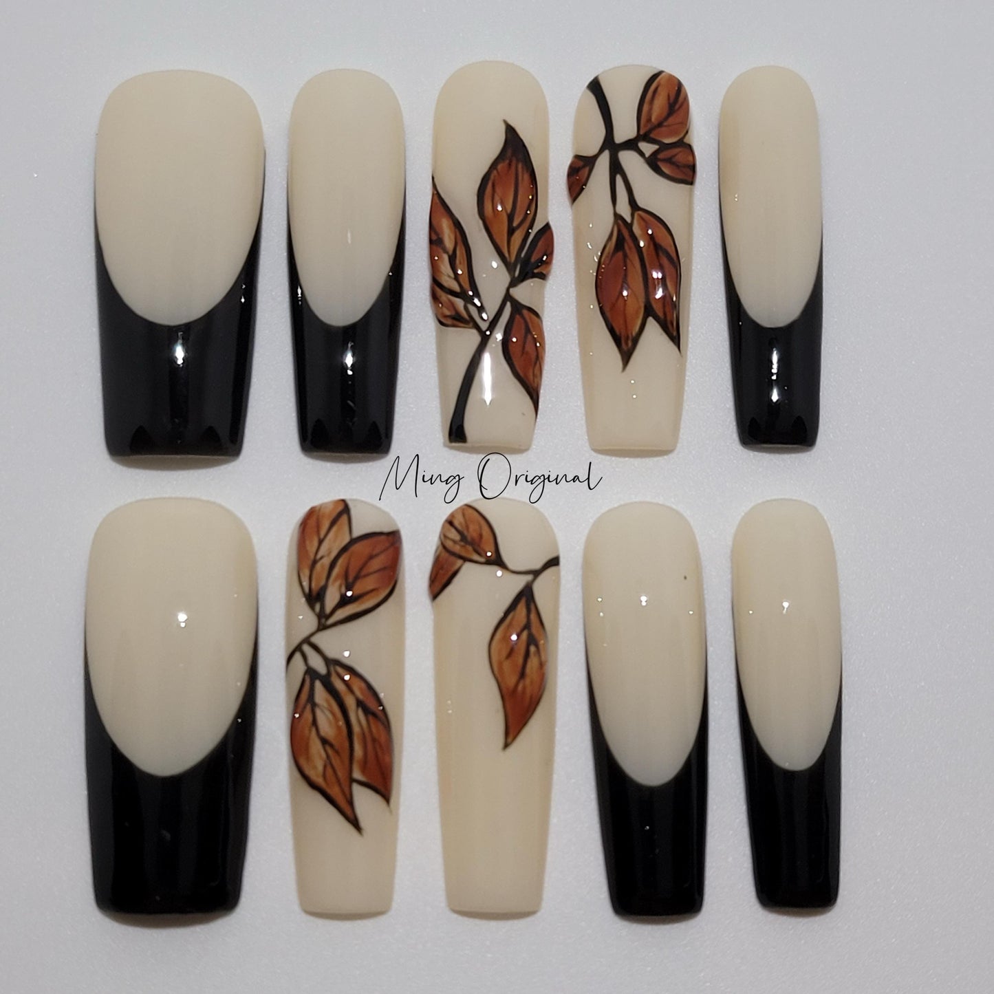 Autumn leaf Nail press on, black French and realistic leaf art nail, Luxury Handmade Nails, glue on nail, gift for her, MO405