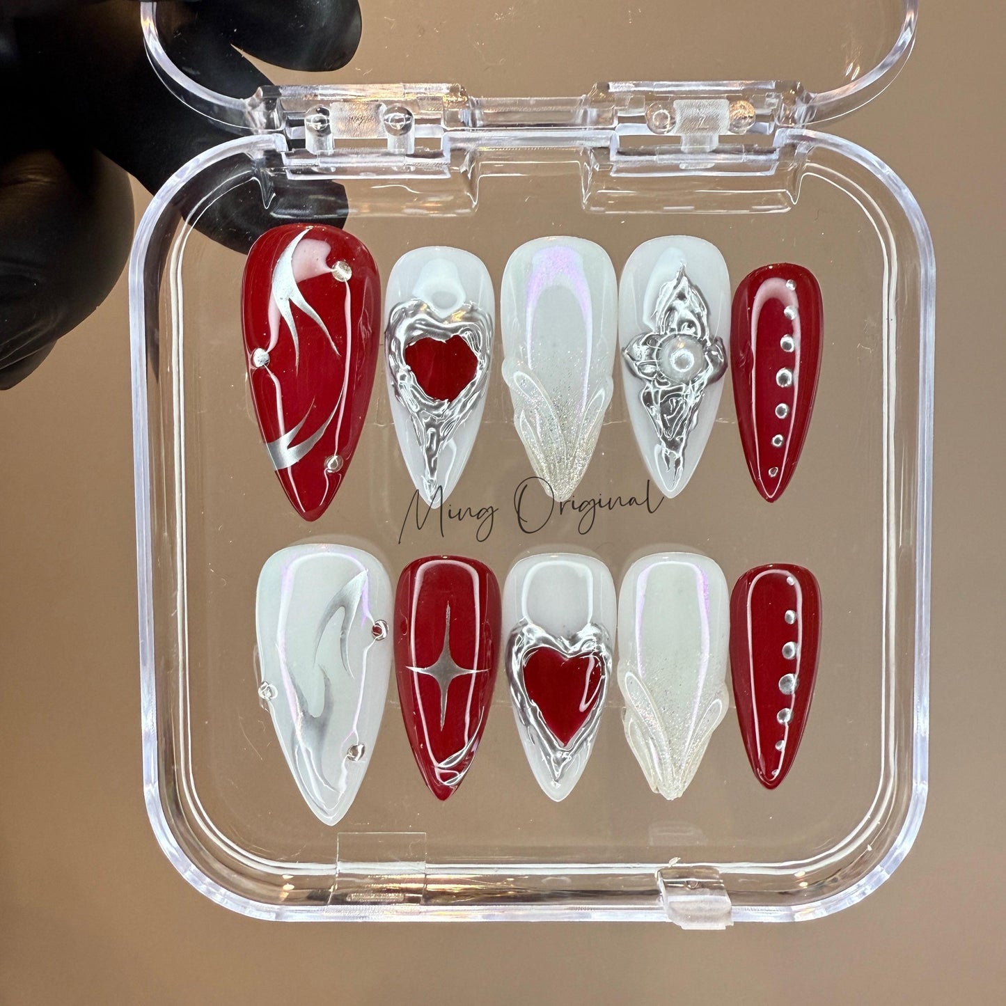 Milky white Silver red heart chrome Press on Nails, hand painted free style heart handmade Nails, gift for her, MO430