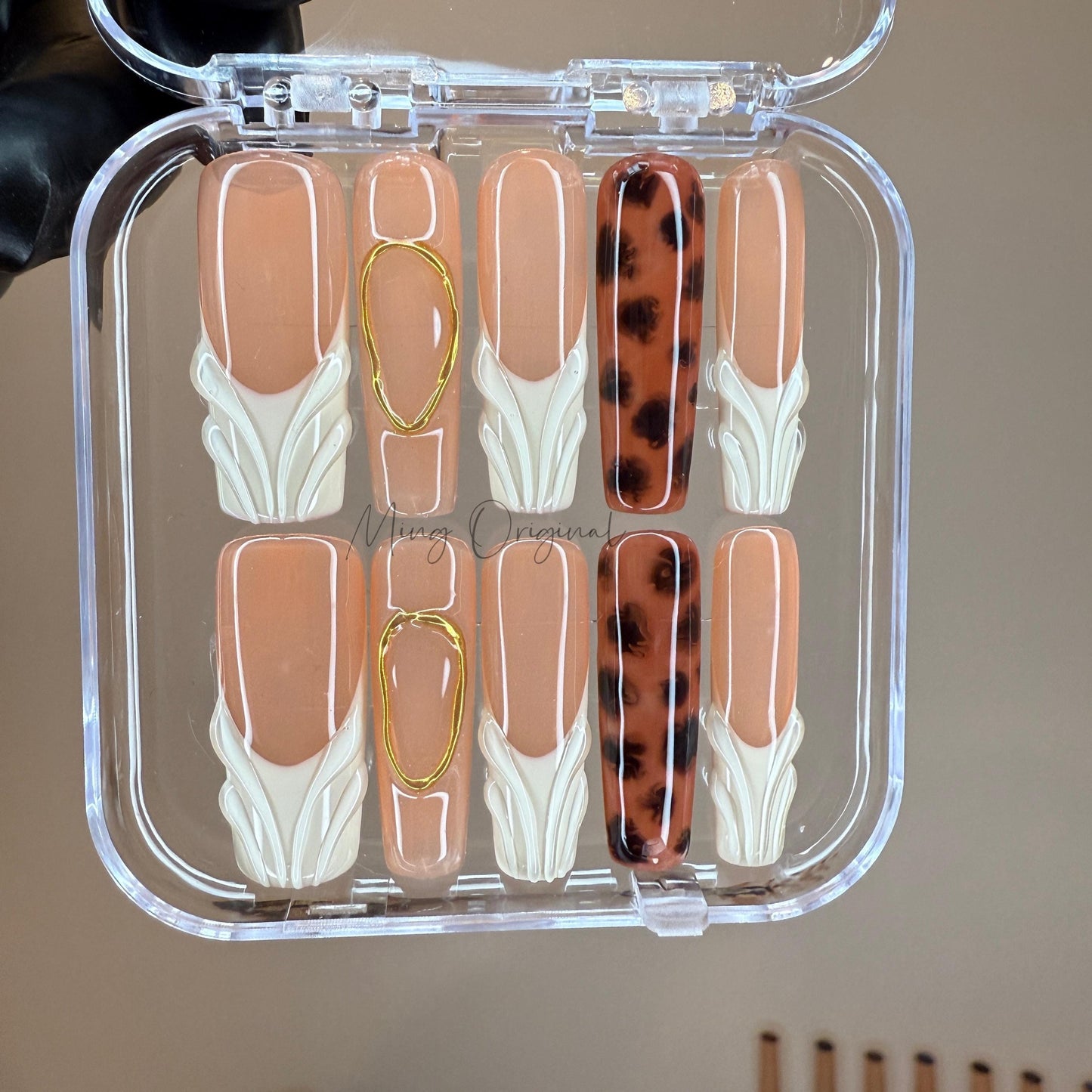 Simple Tortoise Shell Amber water blooming Press on Nails, French tip 3d swirl and gold Jelly hand painted nail,gift for her,MO431