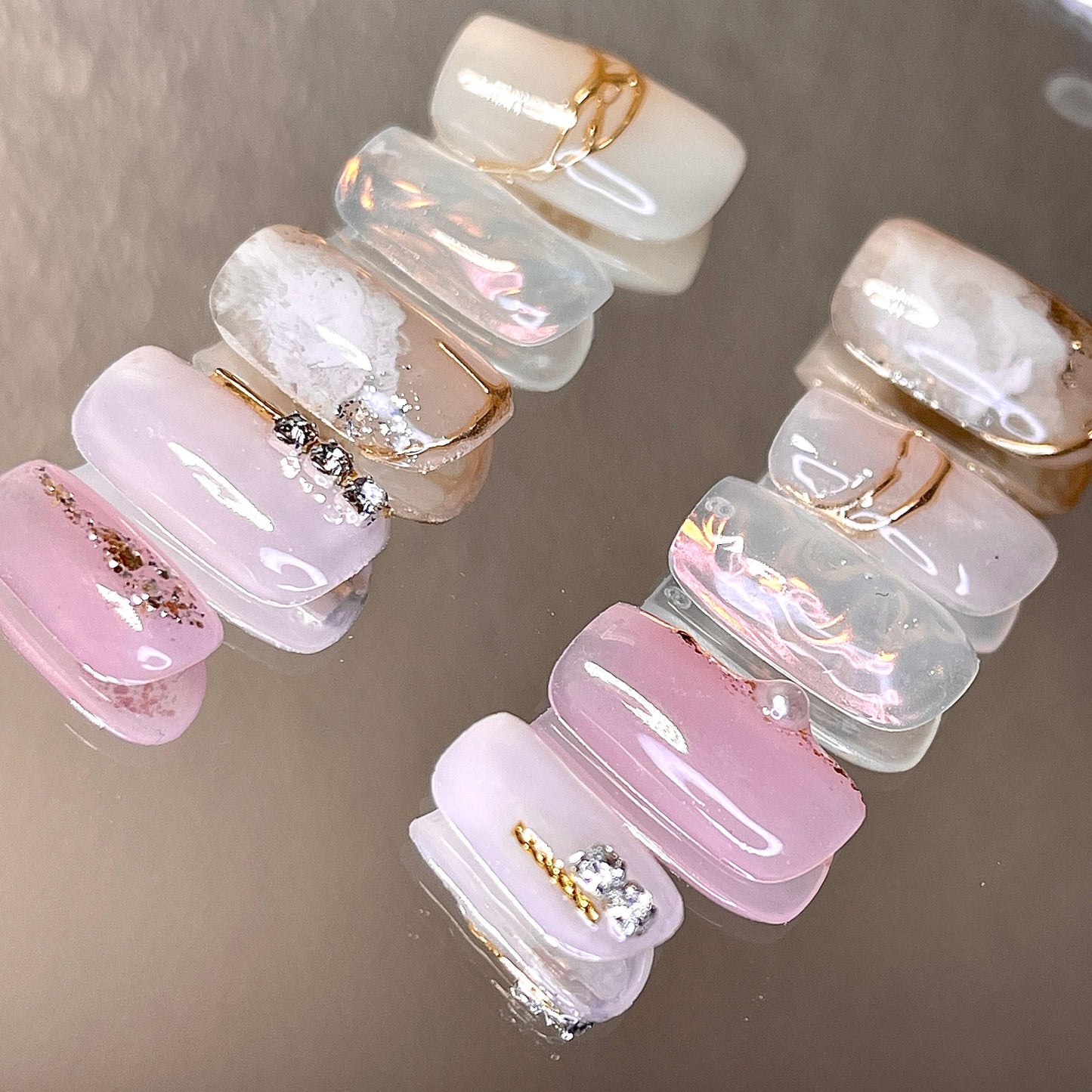 Da Princess Water Blooming Nude n Pink Aura Glittery Pearl Press on nail, Chrome line art nail, Handmade jelly nail