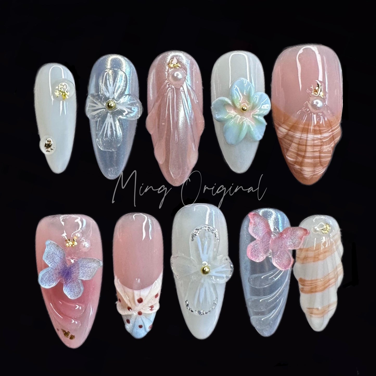 3D sculptured flower Seashell Press on Nail, Mermaid Butterfly Nails, Orchid Tropical Floral Nails, Jelly Nail