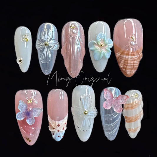 3D sculptured flower Seashell Press on Nail, Mermaid Butterfly Nails, Orchid Tropical Floral Nails, Jelly Nail