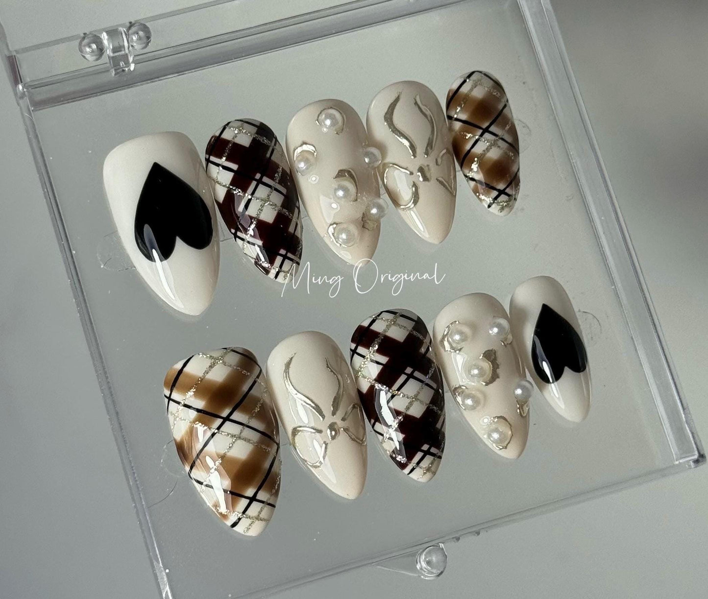 Valentine heart plaid pattern gold detail pearl embellishment Press on Nails, bow coquette glue on nail, holiday birthday gift for her,MO411