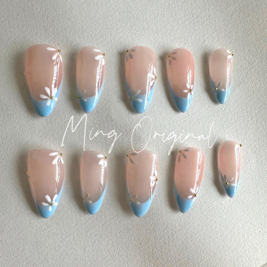 Candy color French tip, hand painted cute white daisy flower and blue tip Press on Nails, summer nail, gift for her
