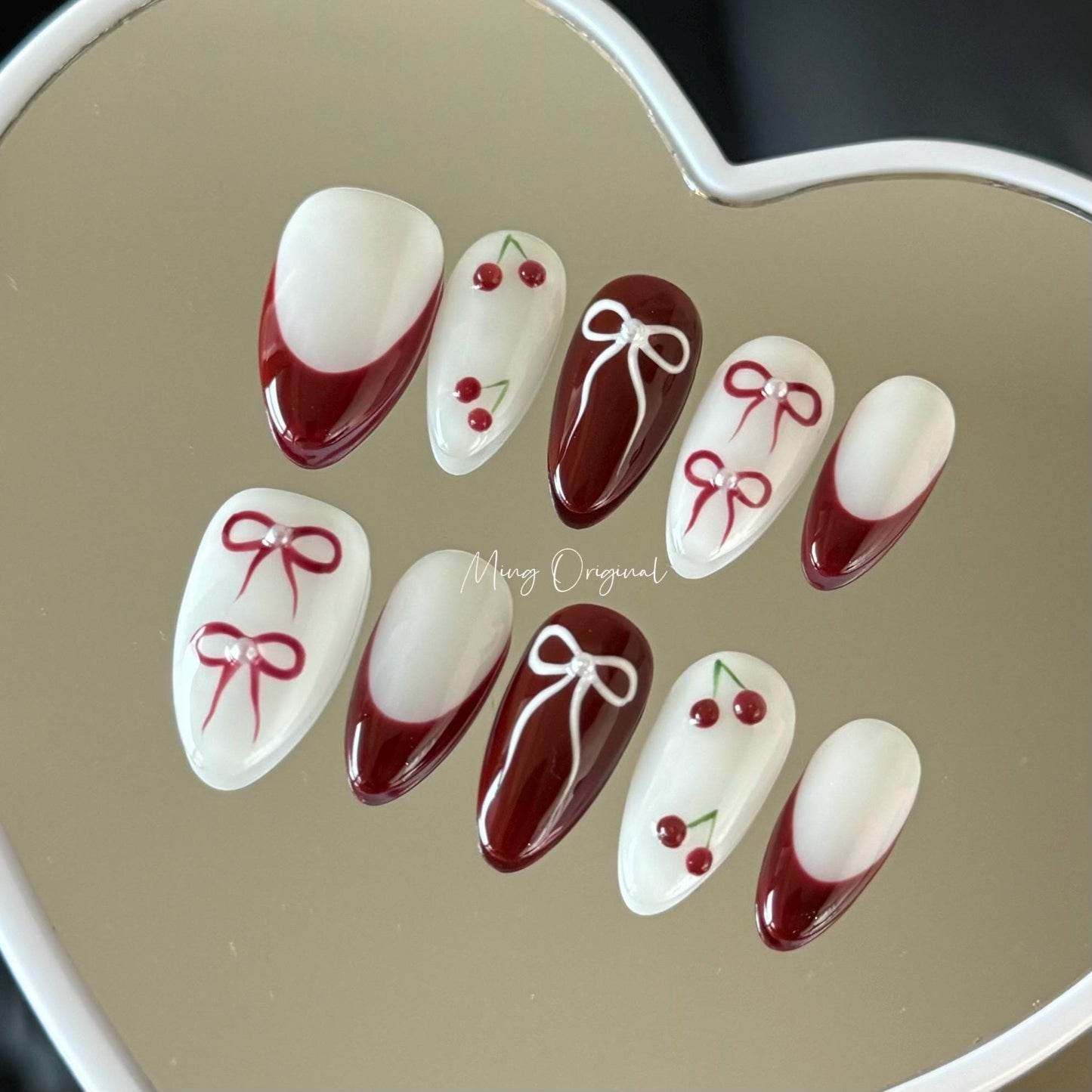 Milky White cute cherry bow coquette press on nail, red french tip nails, glue on nail, Christmas birthday gift for her, MO349
