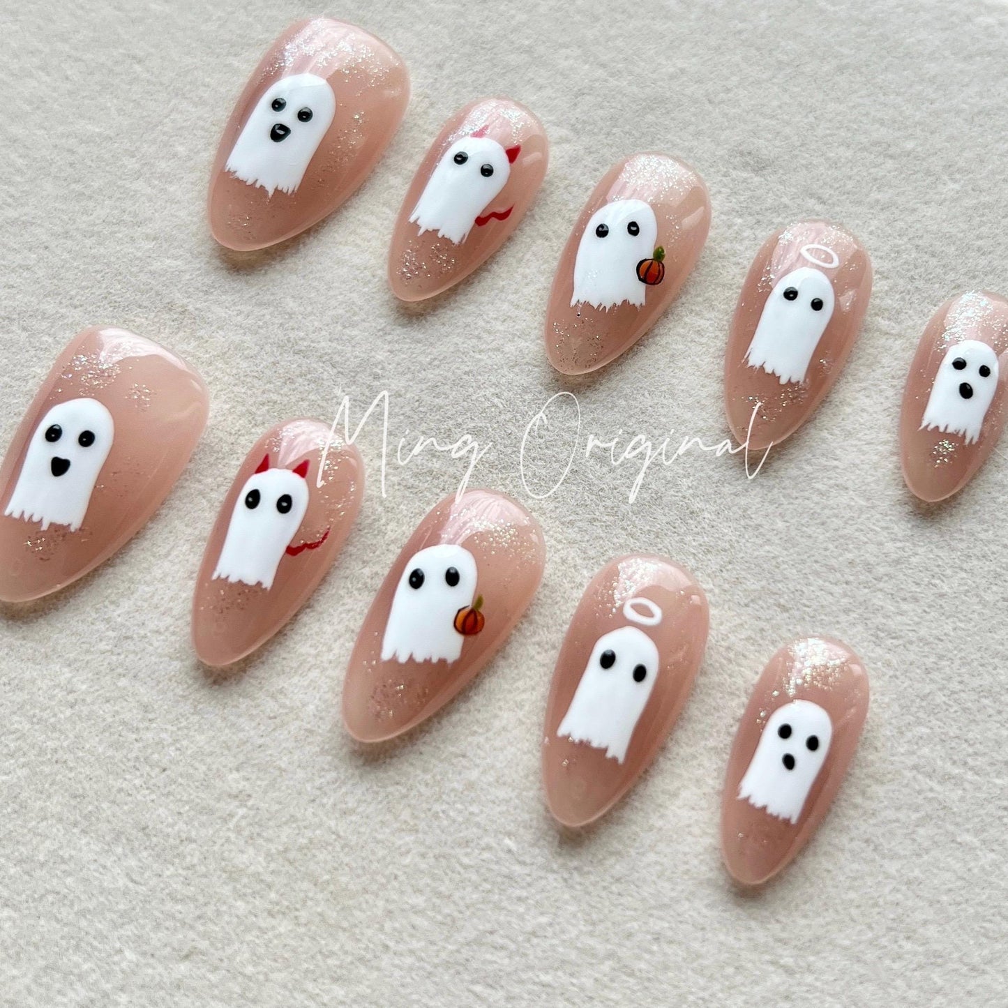 Cute Little Ghost  and pumpkin Halloween Season Spooky press on nail, fake nail, horror nail, hand paint ghost nail, gift for her