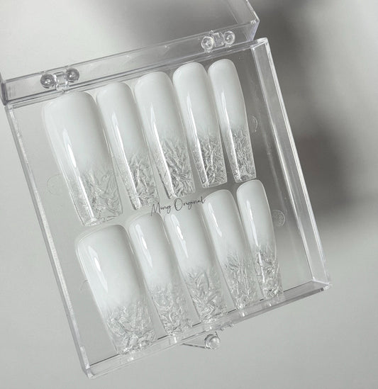White ombre clear icey tip Press on Nails, 3d glass effect Nails, glue on nail, birthday holiday gift for her MO389