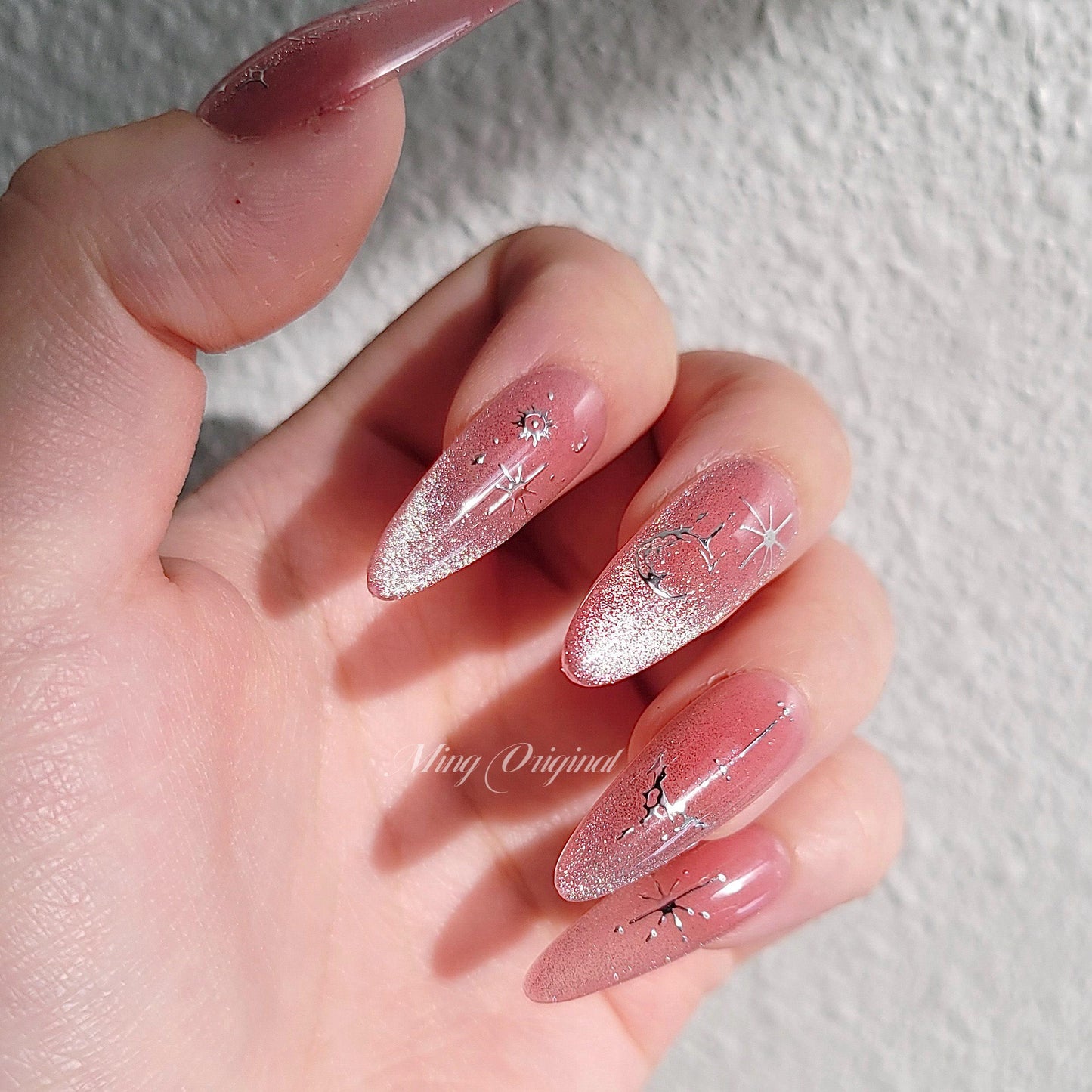 Y2K Silver Chrome free style Pink French Tip Cat Eye Nail press on, Glittery Jelly Fake nails, Luxury Handmade Nails