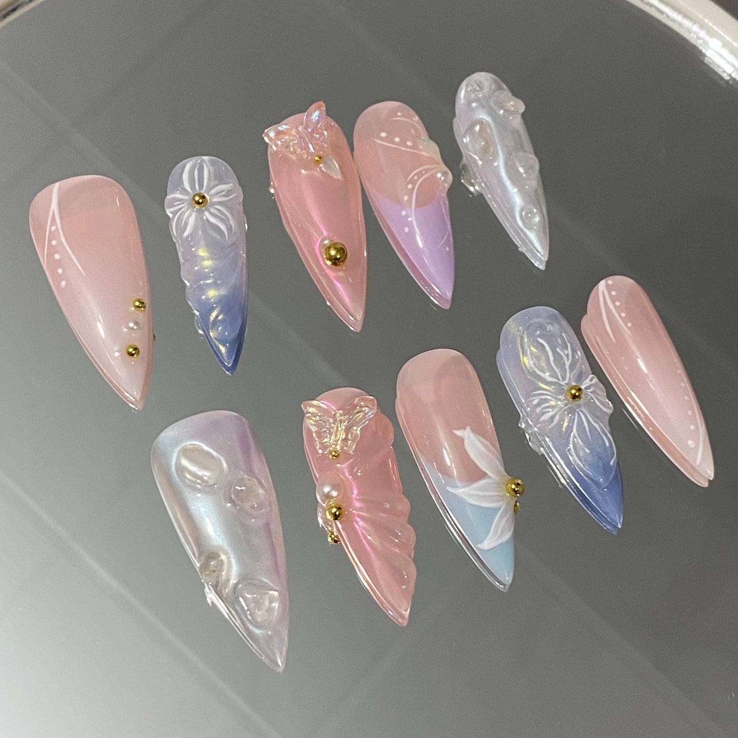 3D sculptured flower Press on Nails, Mermaid Butterfly Nails, Clear Orchard Floral Nails, Jelly Nails