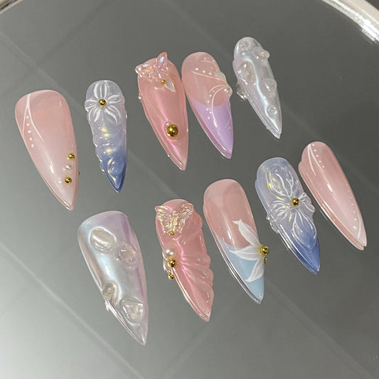 3D sculptured flower Press on Nails, Mermaid Butterfly Nails, Clear Orchard Floral Nails, Jelly Nails