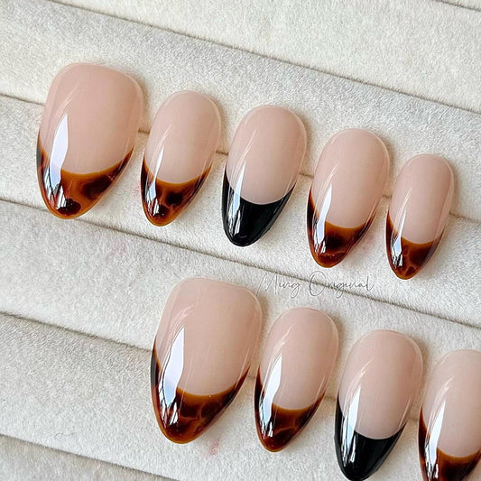 Classic French tip Tortoise Shell Amber water blooming Press on Nails, Jelly hand painted nail, fall winter nail,gift for her,MO360