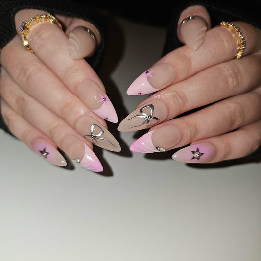 Cute pink star and bow coquette y2k press on Nail , French tip nail, chrome mirror star and bow handpainted nail, Valentine Gifts for Her
