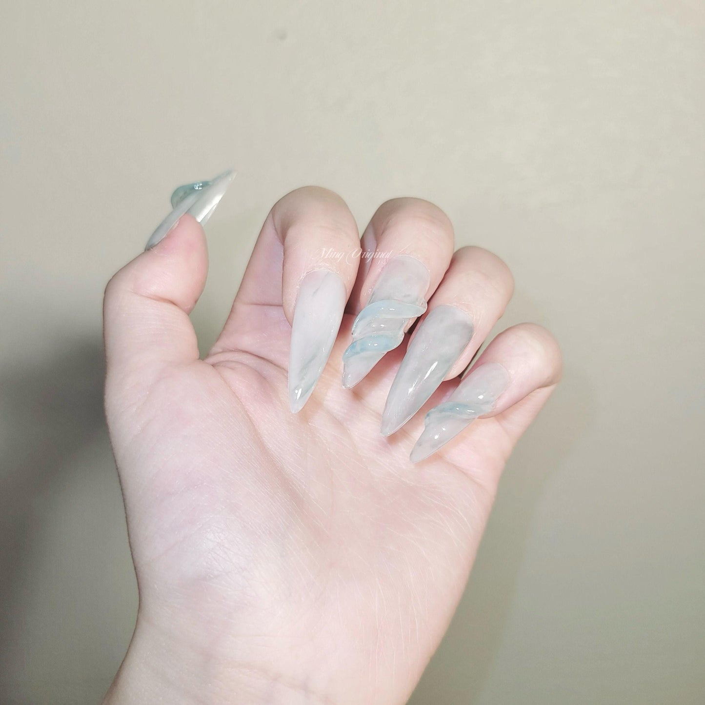 Da Jade | 3D nail Jade green n white water blooming Press on Nails, luxury handmade Nails, Jelly Nails