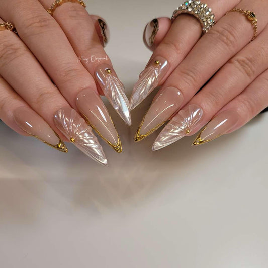 3D pearlescent mermaid press on nails, gold chrome detail nail, Aura Seashell reusable nail, nude jelly fake nail, gift for her