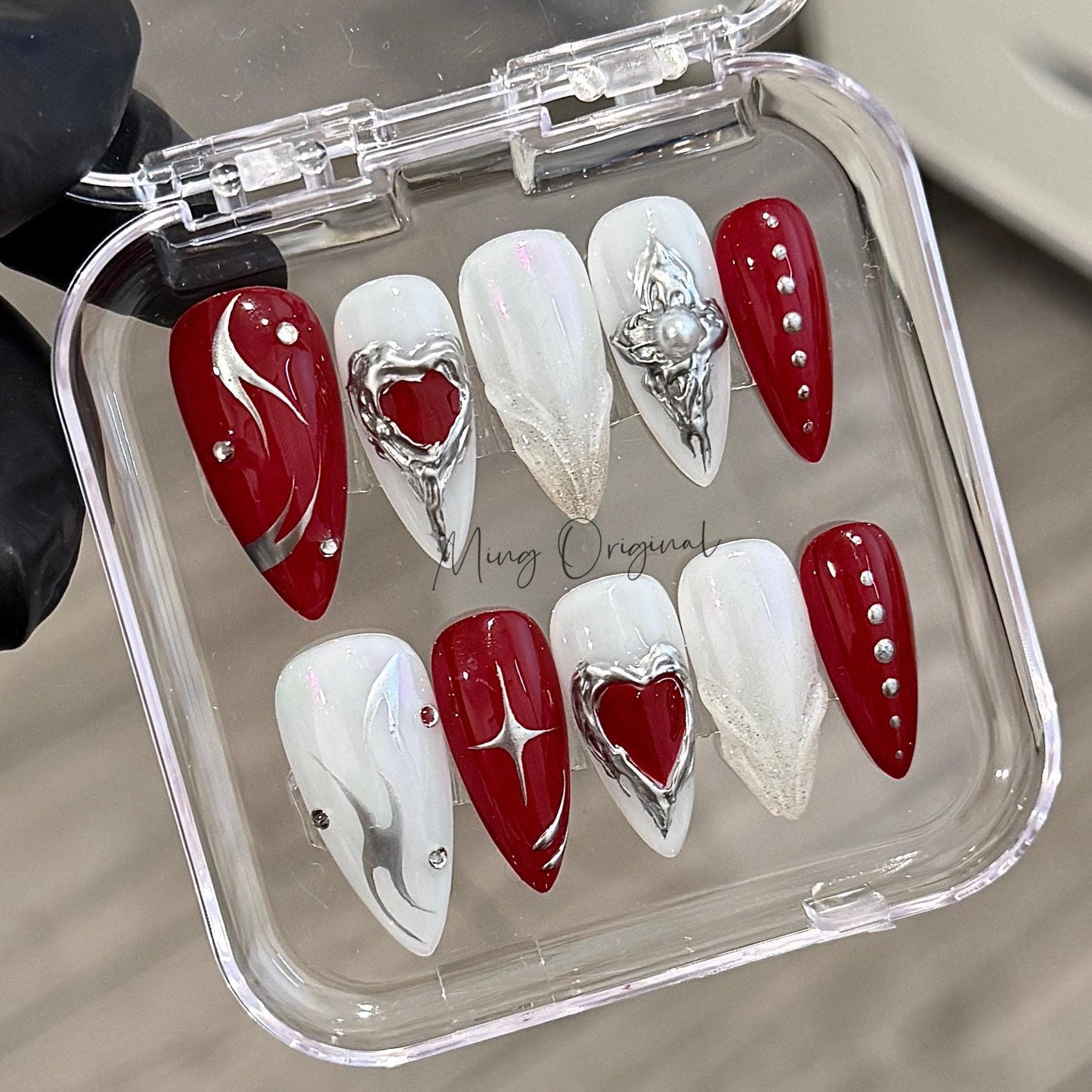 Milky white Silver red heart chrome Press on Nails, hand painted free style heart handmade Nails, gift for her, MO430