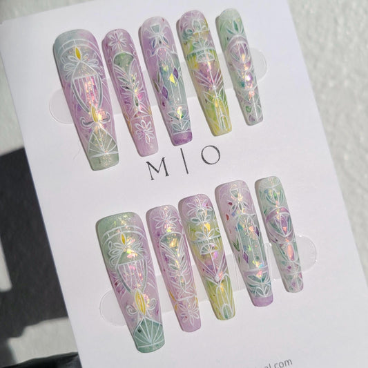Stained Glass Window Free style Flower pastel Water Color press on nails, ombre rainbow color matching, hand painted nail, gift for her