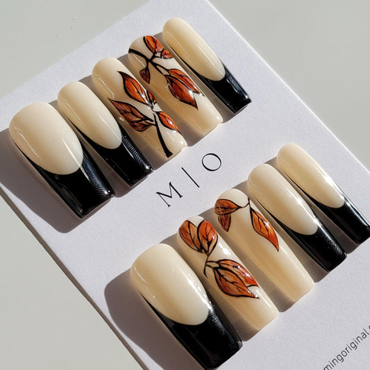 Autumn leaf Nail press on, black French and realistic leaf art nail, Luxury Handmade Nails, glue on nail, gift for her, MO405