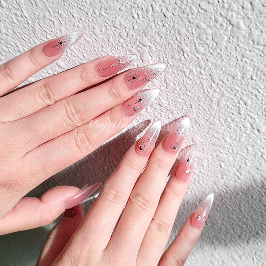 Y2K Silver Chrome free style Pink French Tip Cat Eye Nail press on, Glittery Jelly Fake nails, Luxury Handmade Nails
