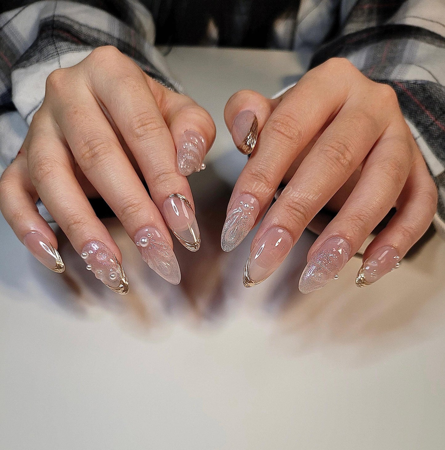 3D Free Style Nude Mermaid press on nails, Pearl, chrome,  pink glitter jelly fake nail
