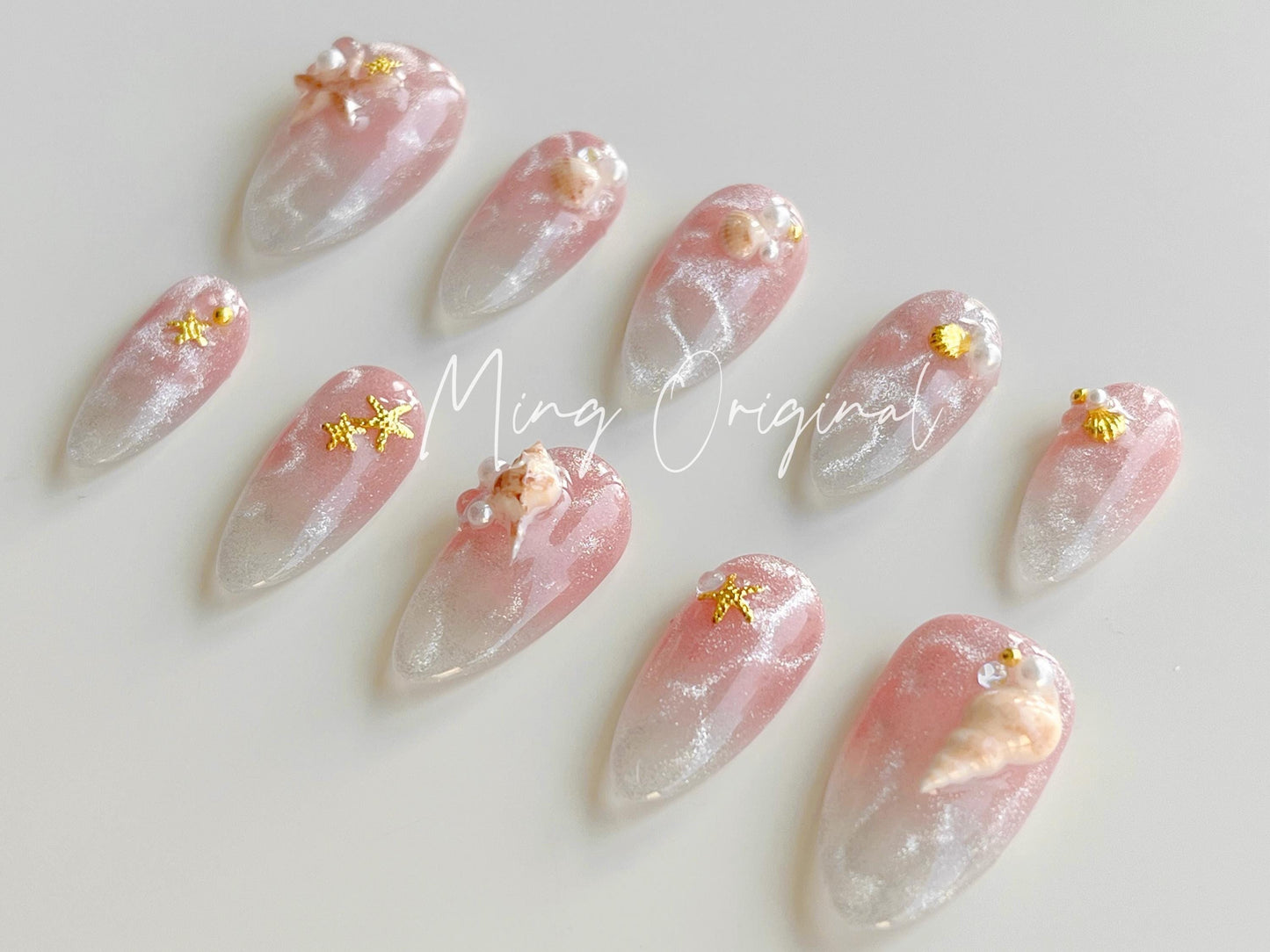 Pink Sea Mermaid Handmade 3D Seashell press on nails, glittery cat eye with pearl reusable nail, jelly fake nail