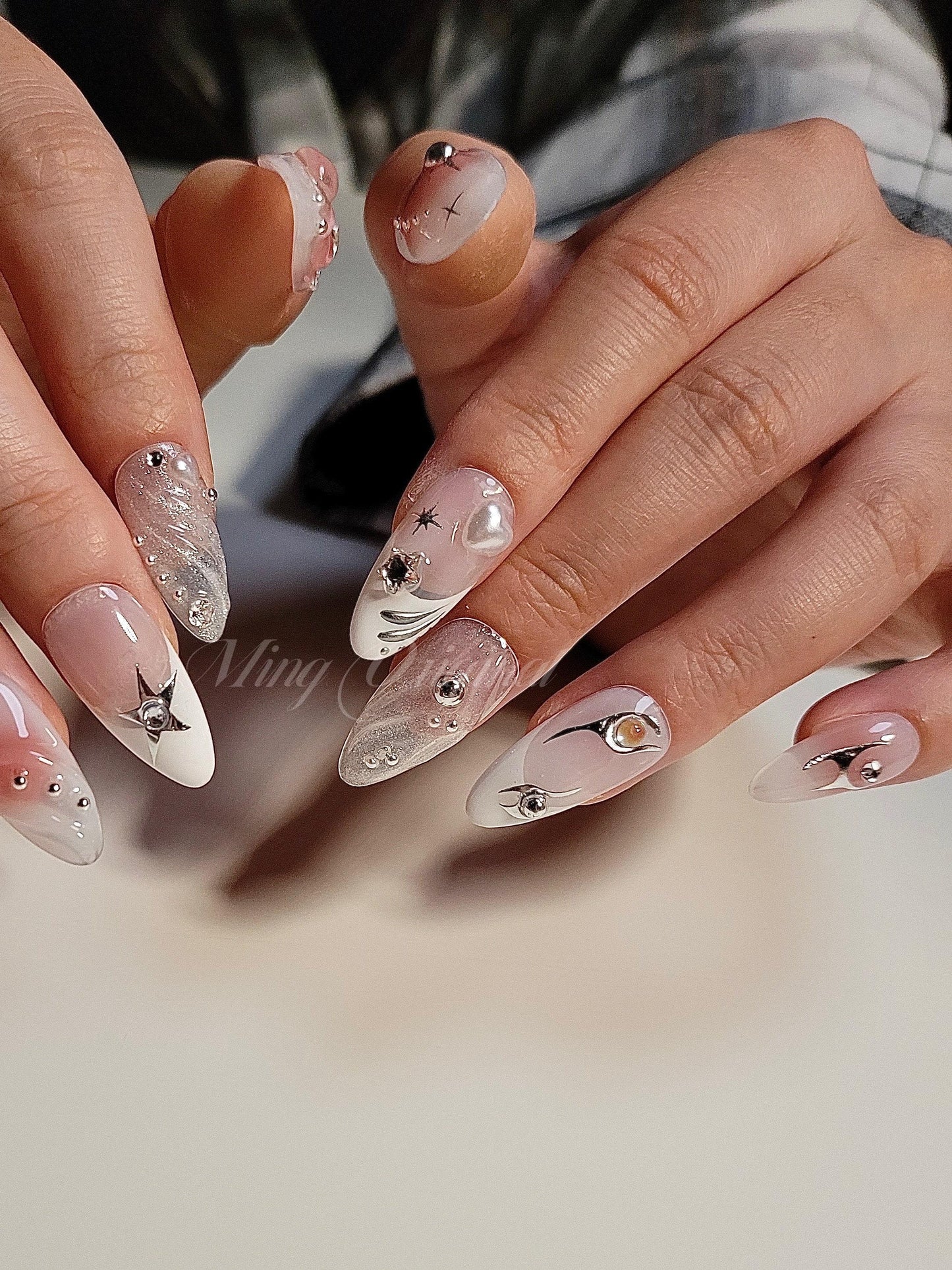 Free Style blush Shiny star y2k Nail press on, Fake nails, glitter shine, French tip, Luxury Handmade Nails