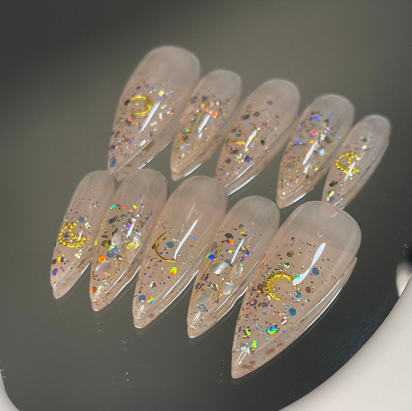 Nude holo glitter with gold Sailor moon press on nail, Premium Hand paint Nails, shell decal Japanese art nails, Handmade Gel Nails