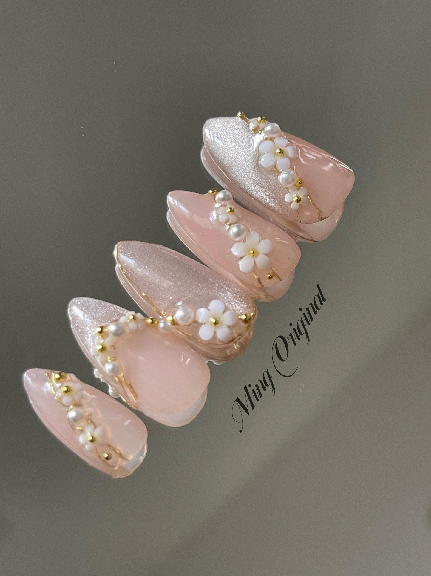 Pastel white flower pink cat eye with pearl Press on Nails, Chrome Fake Nails, Gel Nails, Jelly Nails, jewel nail