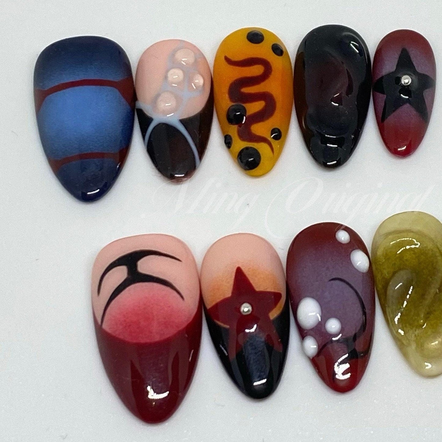 Free style airbrush press on nails, Y2K star, ombre color, 3d nail,  French nails, ,hand painted candy color nail