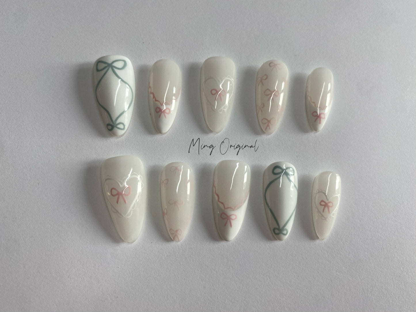 Soft Milky bow coquette press on Nail , handpainted pastel press on nails, Valentine Gifts for Her