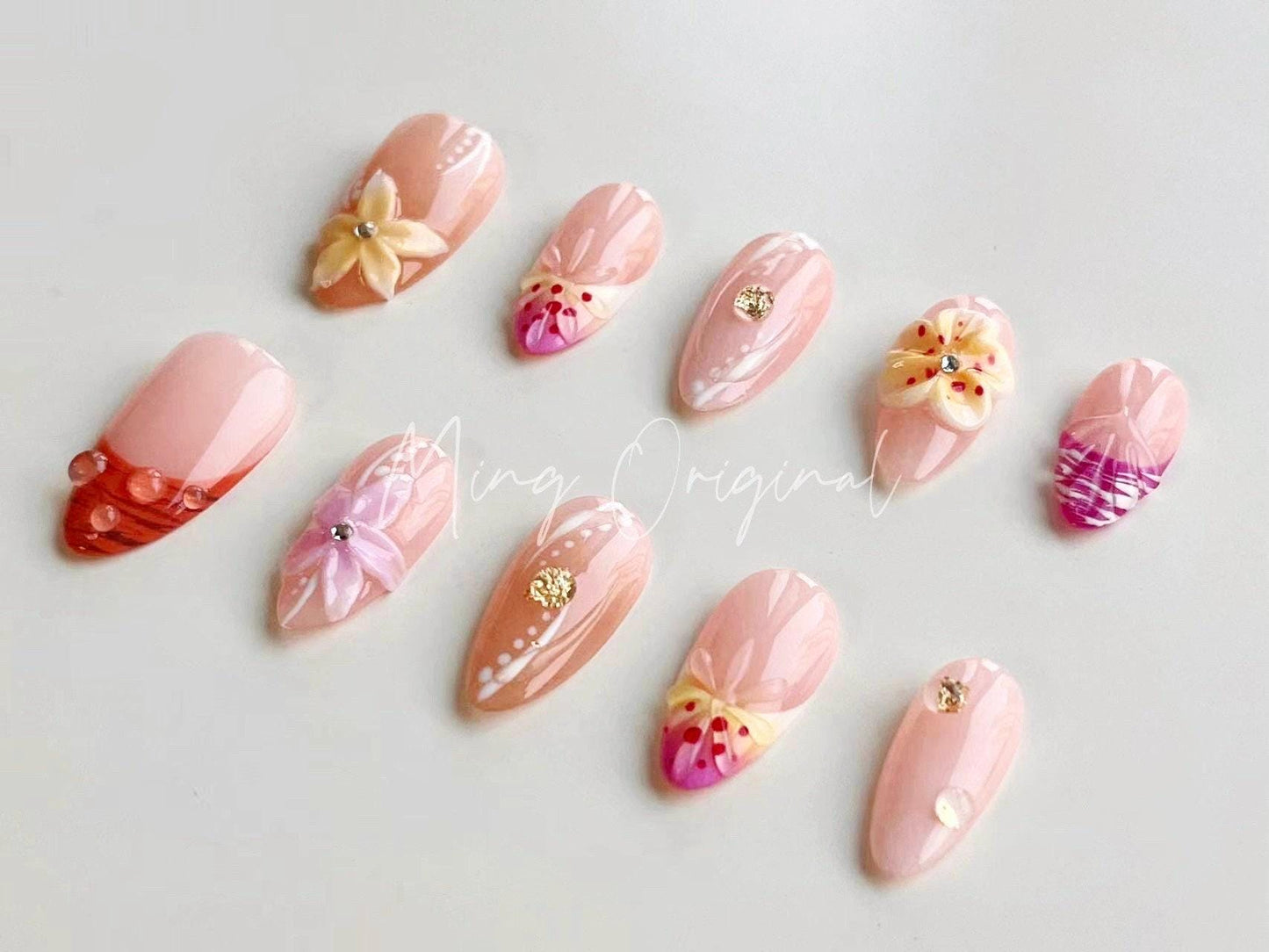 3D sculptured flower Press on Nails, Mermaid French Nails, Sunset Tropical Floral Nails, Jelly Nails