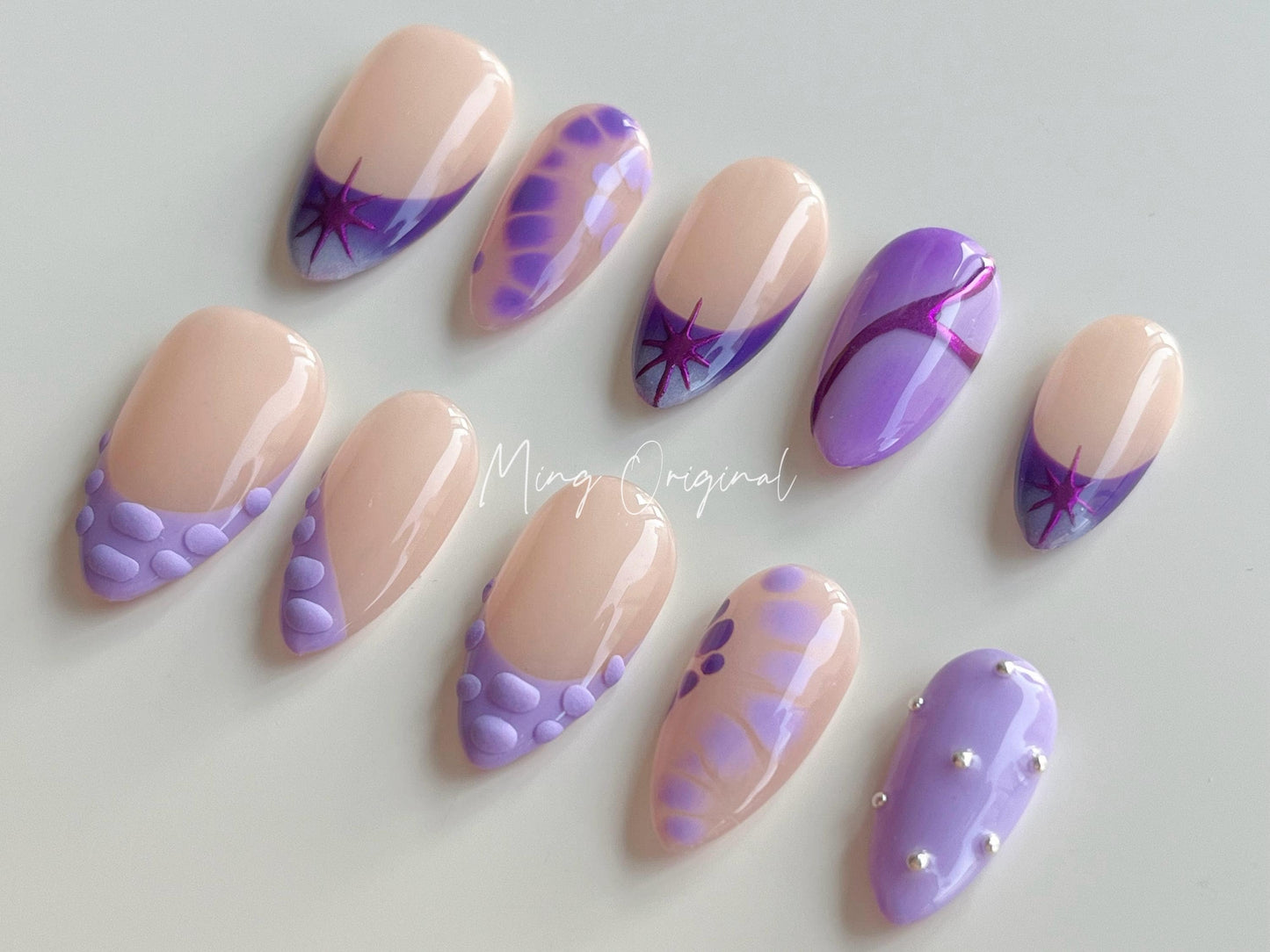 Purple 3d Croc skin snake skin design, Y2K chic French Tip press on nails, chrome star reusable nail, jelly fake nail, gift for her