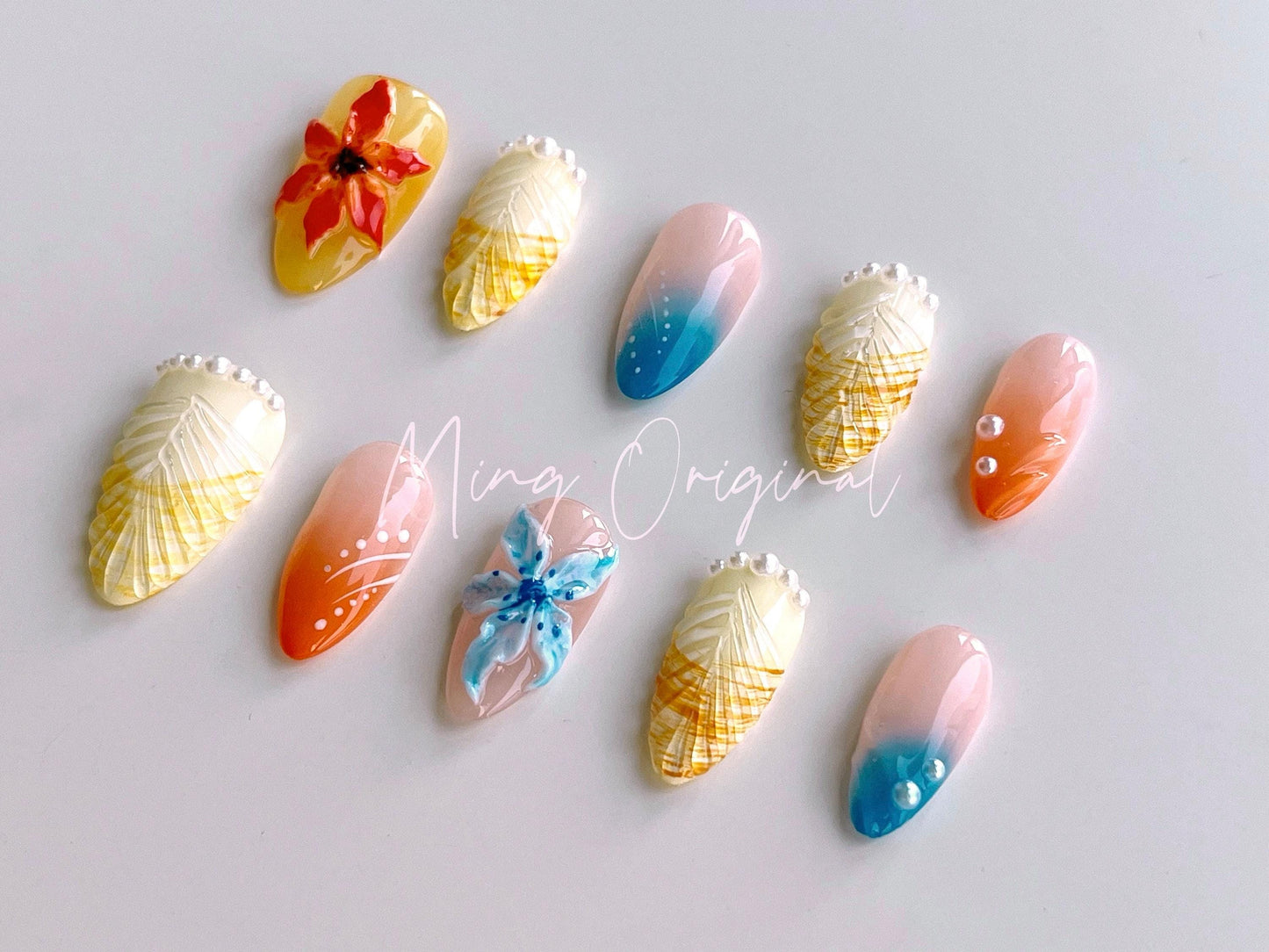 3D sculptured free style summer flower Press on Nails, Seashell Mermaid French, Fairycore Tropical Flower