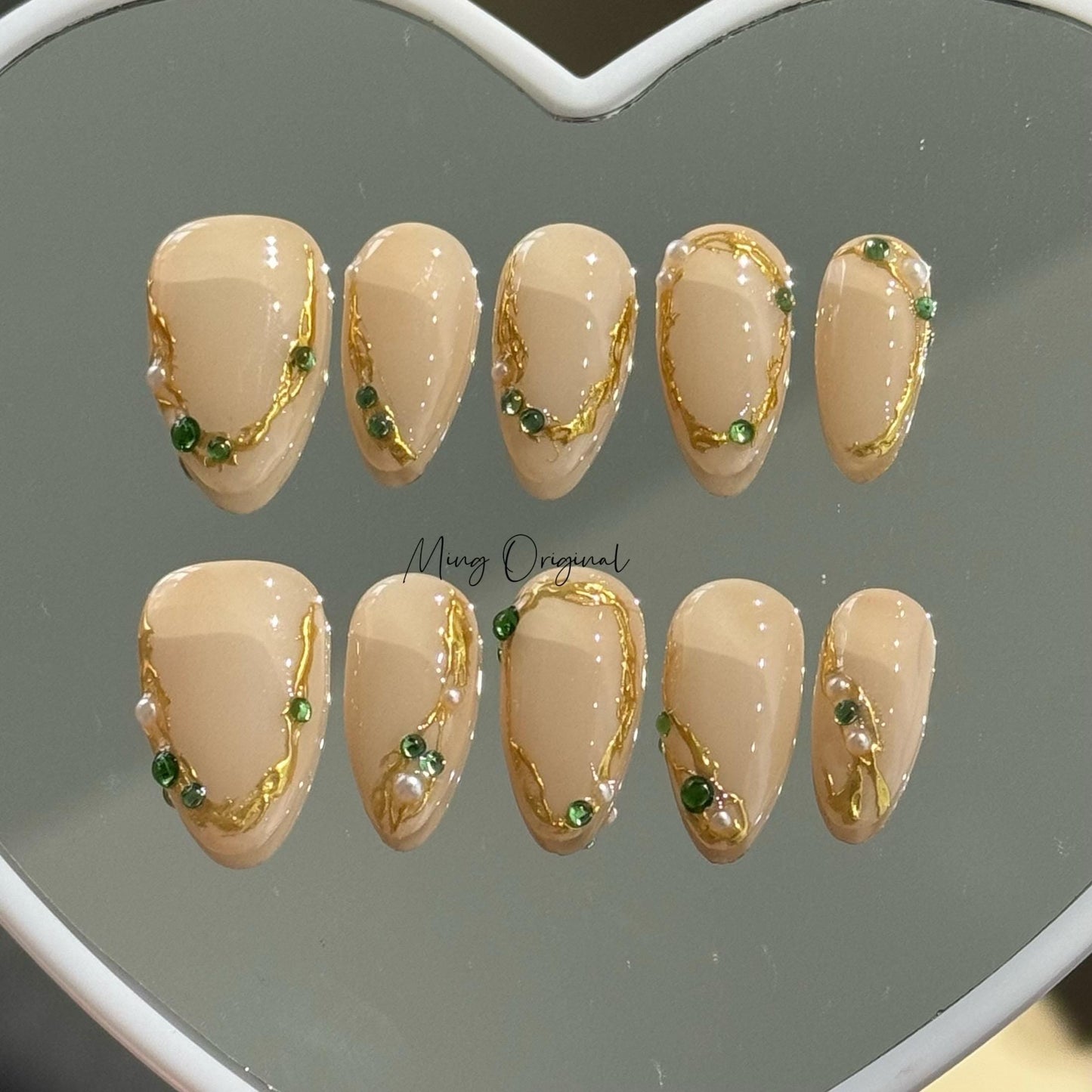 Gold chrome detail jewel Nail press on, free style Metallic fake nail with emerald rhinestone, Luxury Handmade Nails, gift for her, MO404
