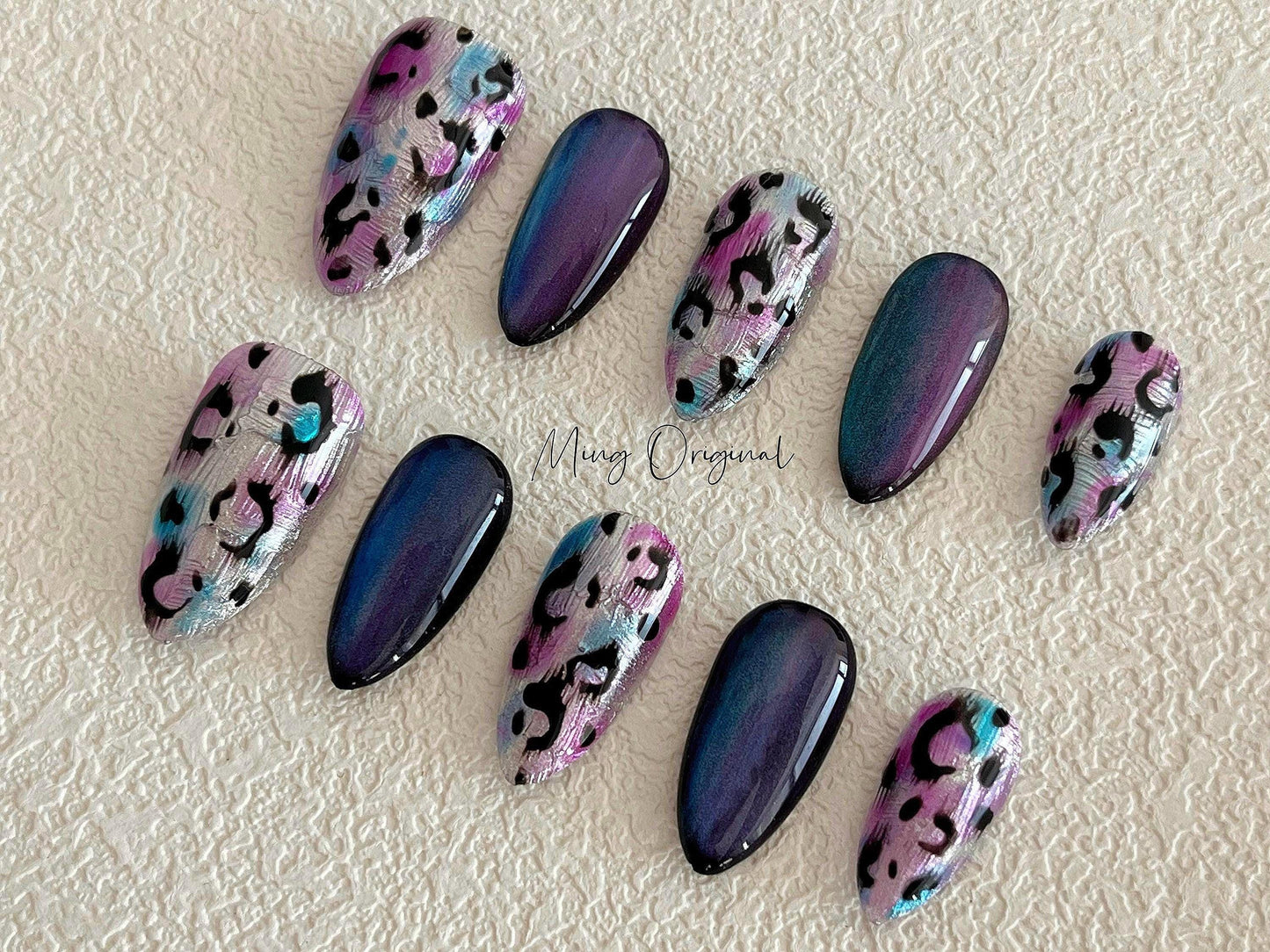 Purple Blue Chrome Leopard Press On Nails, Animal Print Nails, Multicolor Cat Eye Nail, glue on nail, birthday holiday gift for her, MO392