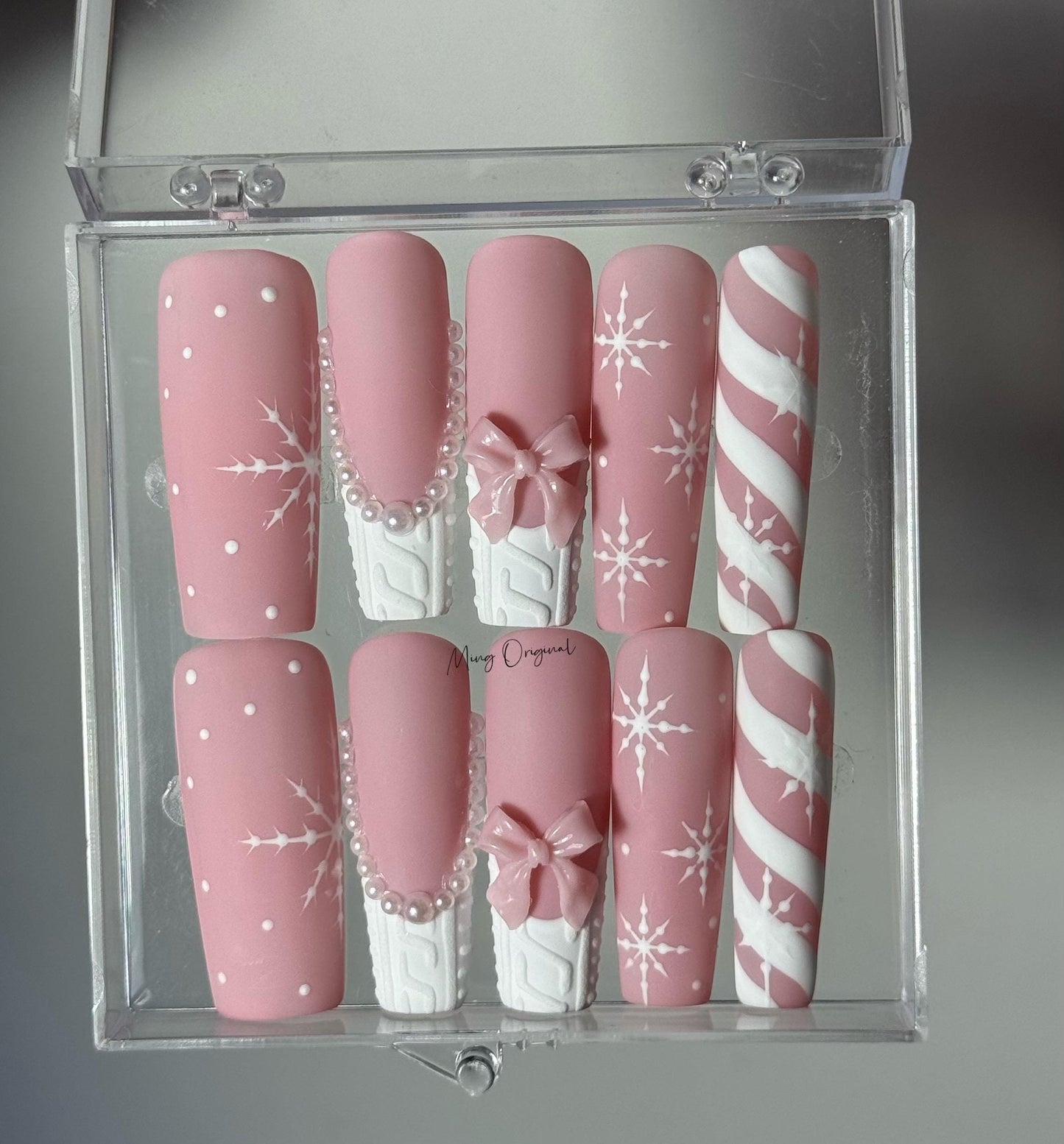 Pink Winter Sweater Xmas candy cane snowflake press on nails, French Tip Pearl And Bow Coquette glue on nail, Holiday gift for her,MO399