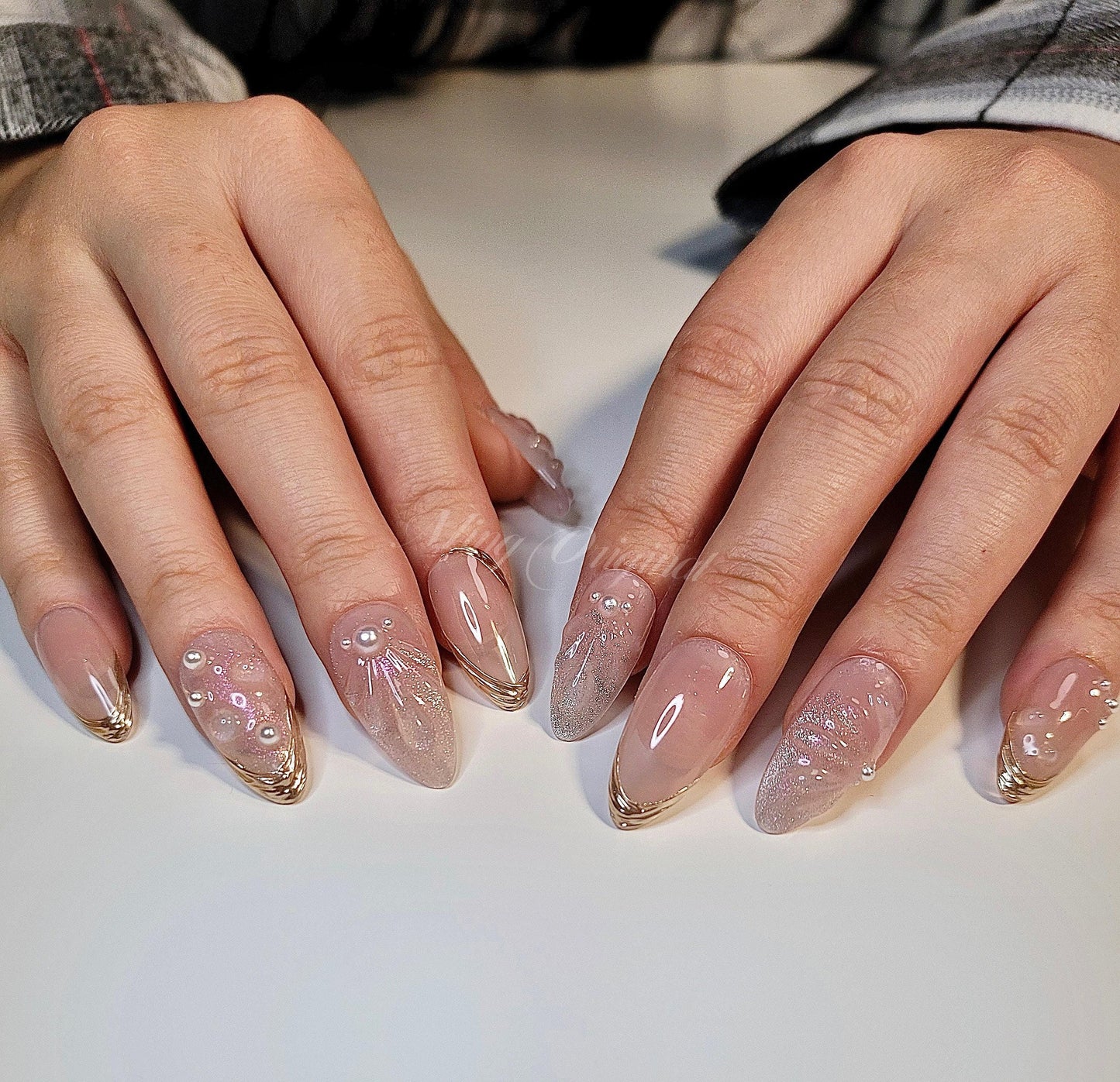 3D Free Style Nude Mermaid press on nails, Pearl, chrome,  pink glitter jelly fake nail